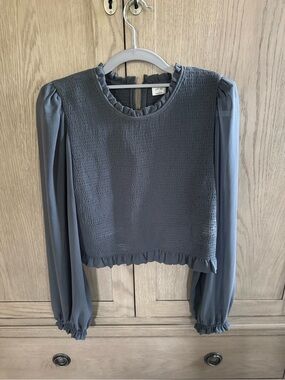 Wilfred Slate Blue Smocked Ruffle Long-Sleeve Blouse
